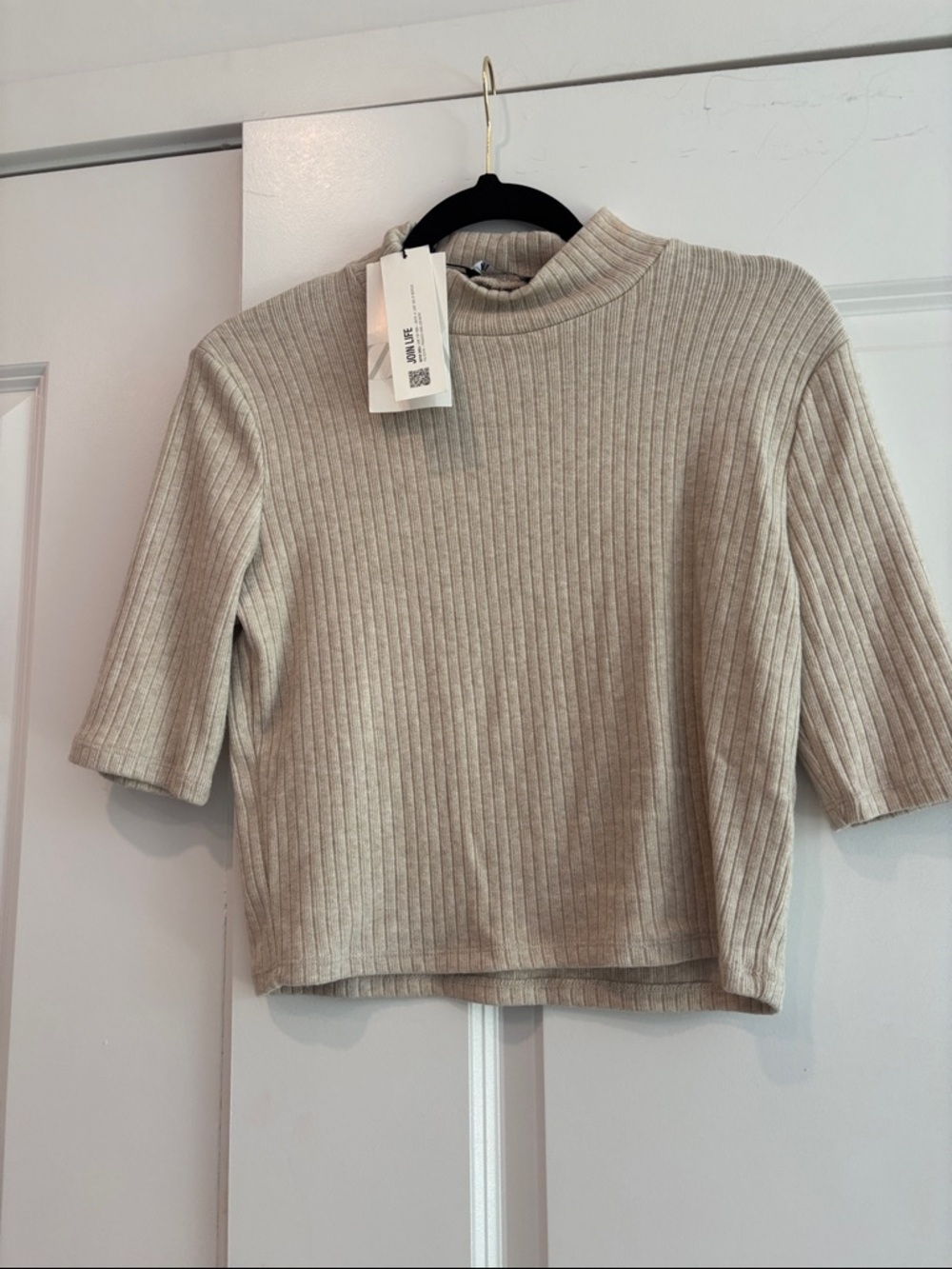 zara LG nwt Ribbed Mock Neck Short Sleeve Top - Beige Crop